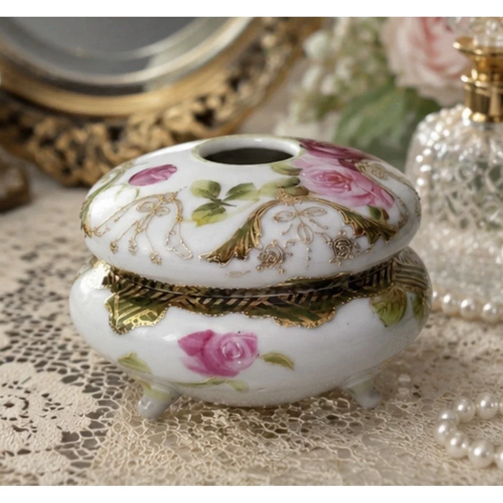 Antique Hand Painted Nippon Hair Receiver Pink Roses Gold Gilt 3 Footed Japan